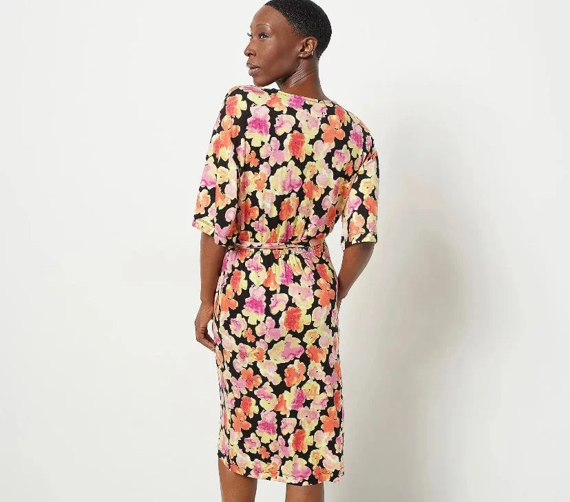Black Floral Knit Wrap Dress E315