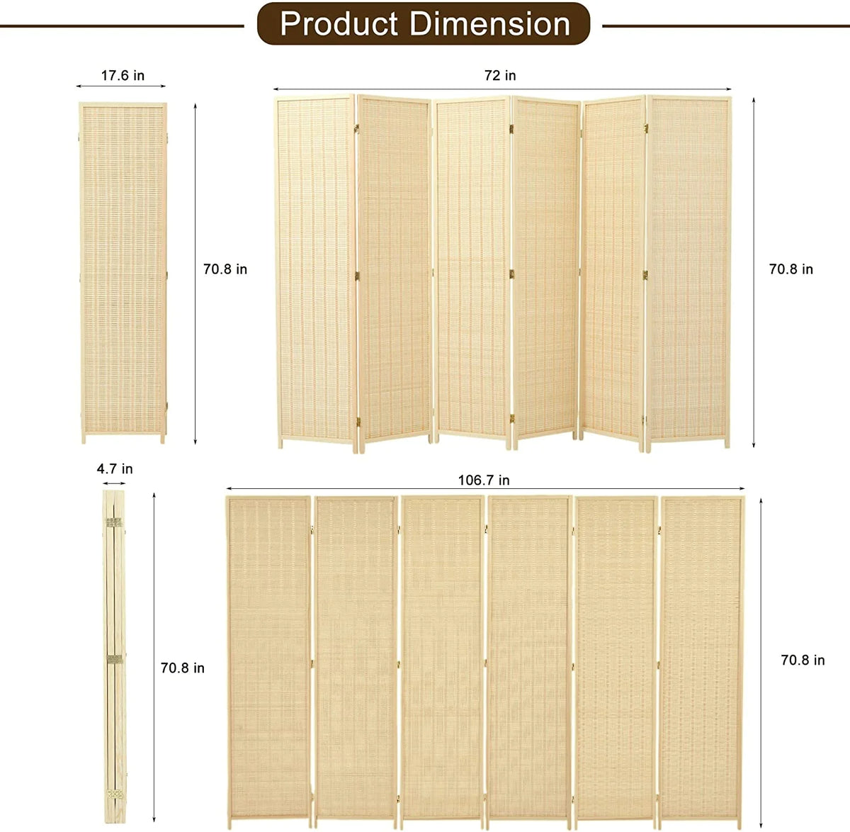 6 Panel 6ft Bamboo Room Dividers B135