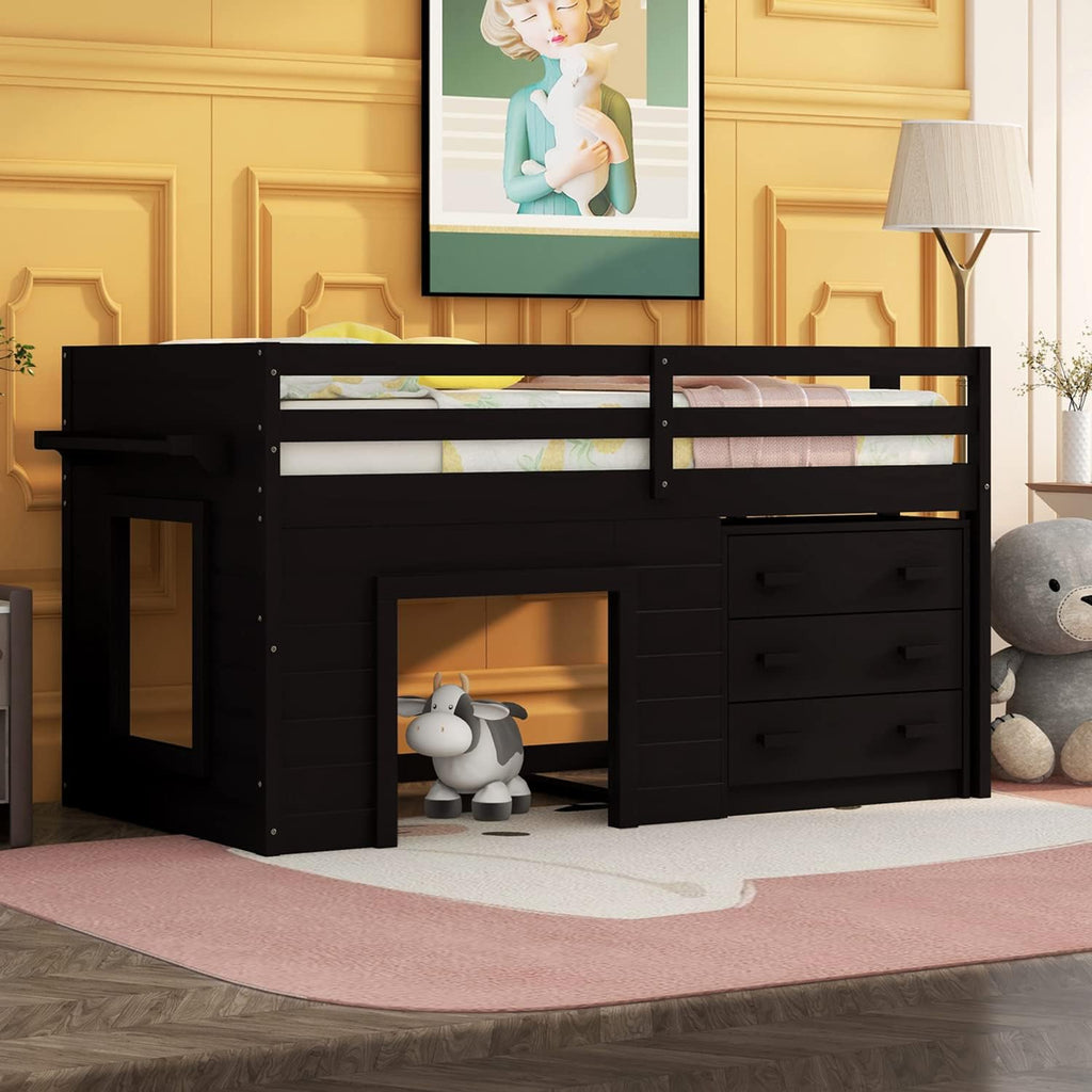 White Wood Twin Loft Bed with Storage Drawers N2683