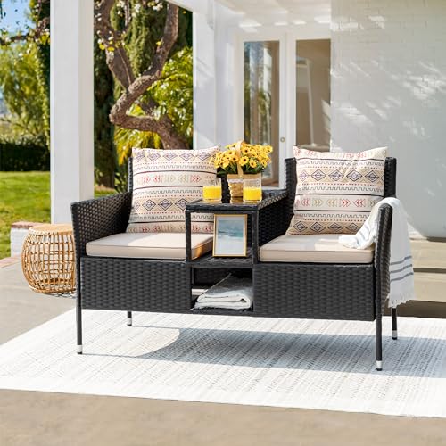 Beige Rattan 2-Seat Patio Loveseat with Cushions C34253