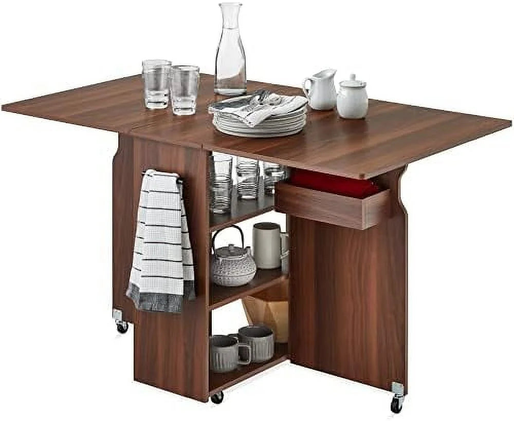 Folding Dining Table with Wheels 3 Shelves Brown D5789