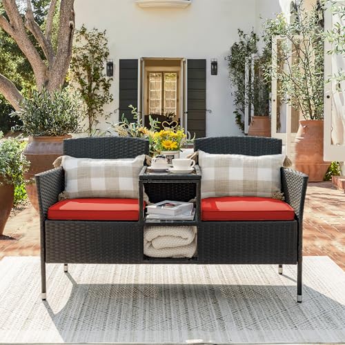 Beige Rattan 2-Seat Patio Loveseat with Cushions C34253