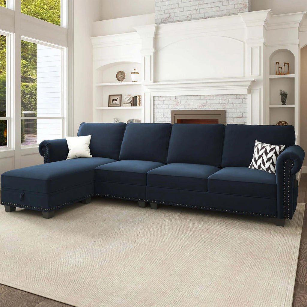 Black Velvet Sectional Sofa with Storage Ottoman and Reversible Chaise C78847