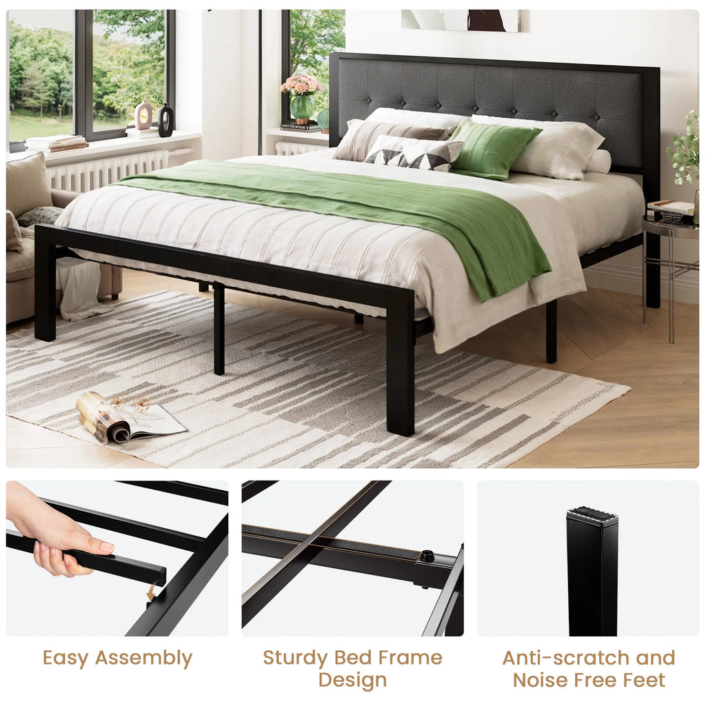 Black King Size Metal Platform Bed Frame with Fabric Headboard Q1626