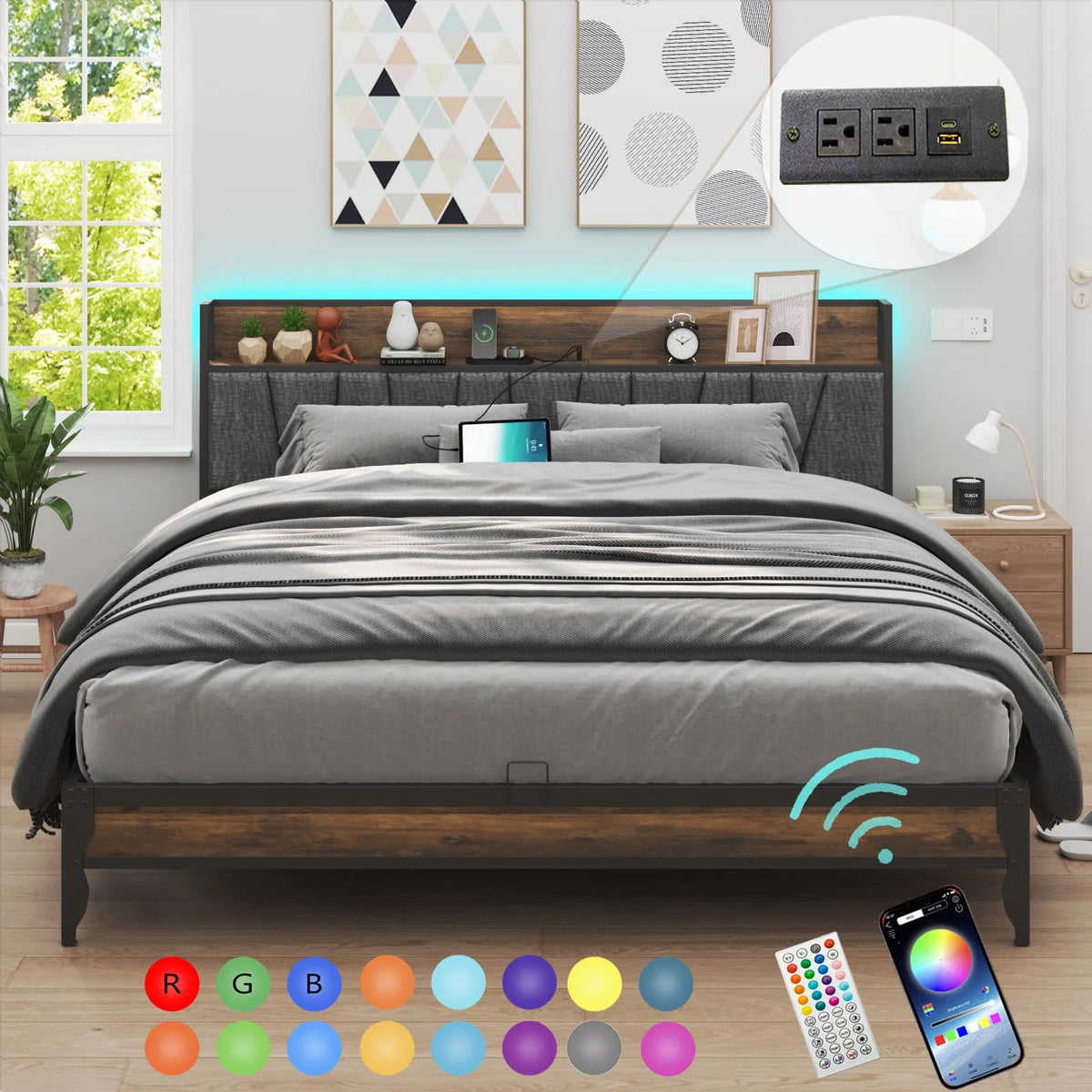 Full LED Bed Frame with Storage Headboard 4 Drawers K514725