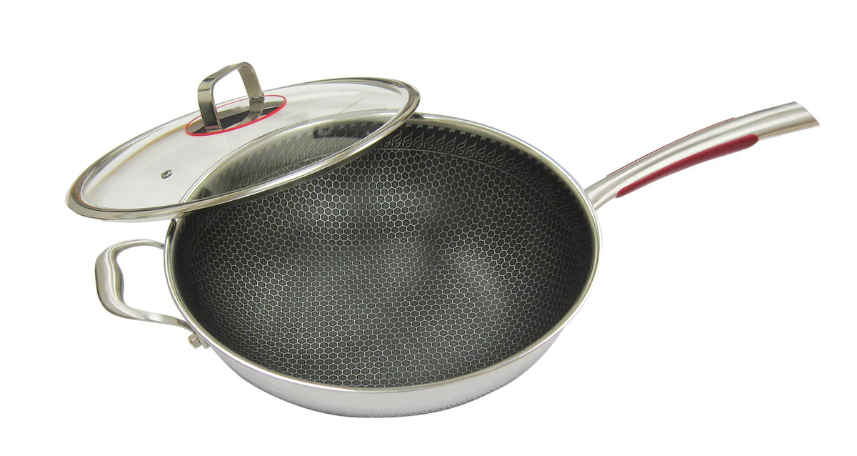 34cm Non Stick 3-ply Stainless Steel Wok with Glass Lid I9895