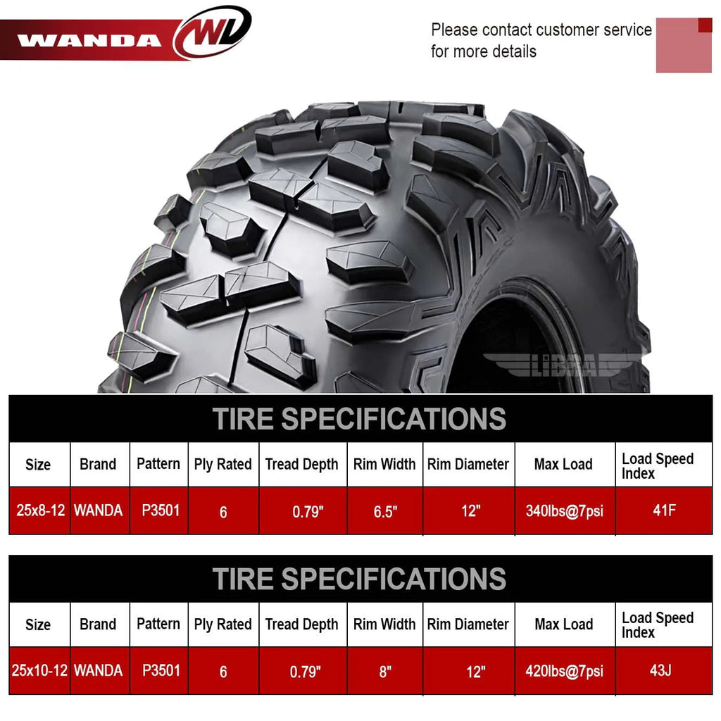 25x8-12 Front & 25x10-12 Rear ATV/UTV Tires Set 4 B991596