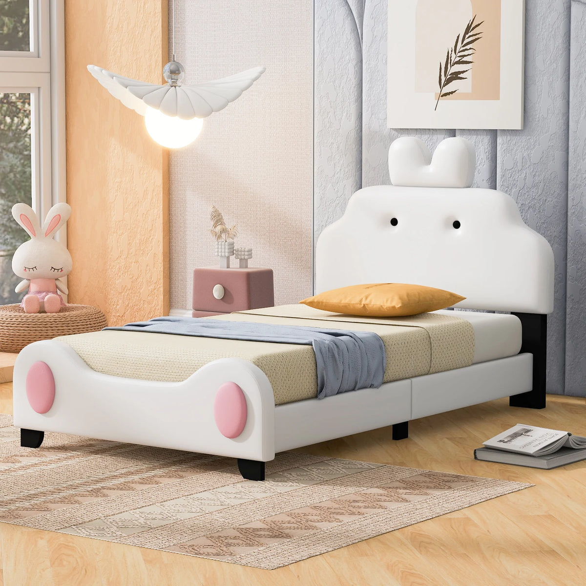 White Twin Size Upholstered Platform Bed with Headboard W4095