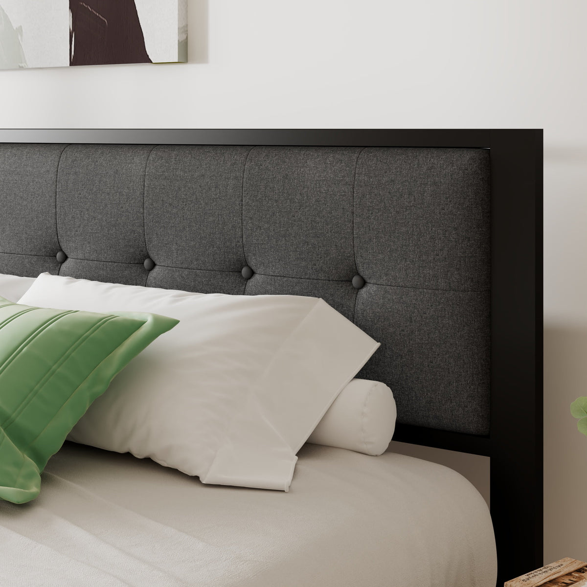 Black King Size Metal Platform Bed Frame with Fabric Headboard Q1626