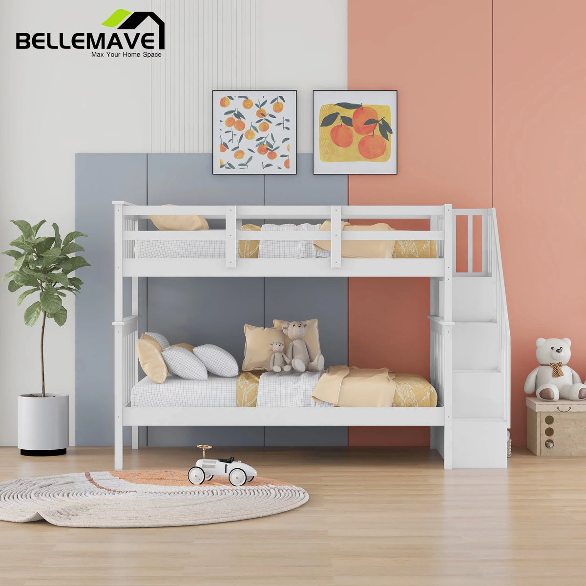 Twin Over Twin Bunk Bed with Storage Stairs and Guardrail, White U659