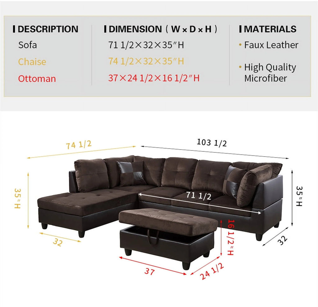 Microfiber Leather Sectional Sofa with Storage Ottoman K218