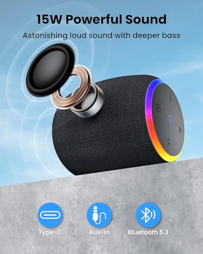 Bluetooth Speaker, Portable Wireless 15W IPX6 Waterproof LED Lights 12H Playtime E303
