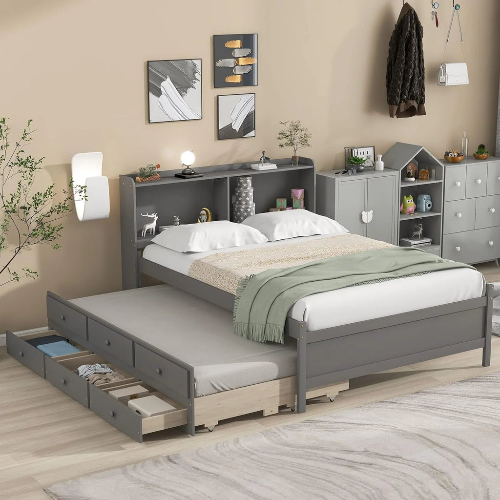 Full Size Solid Wood Platform Bed with Trundle, Drawers, and Bookcase Headboard H97366