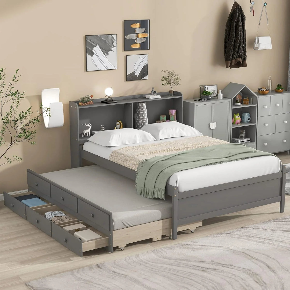 Full Size Solid Wood Platform Bed with Trundle, Drawers, and Bookcase Headboard H97366