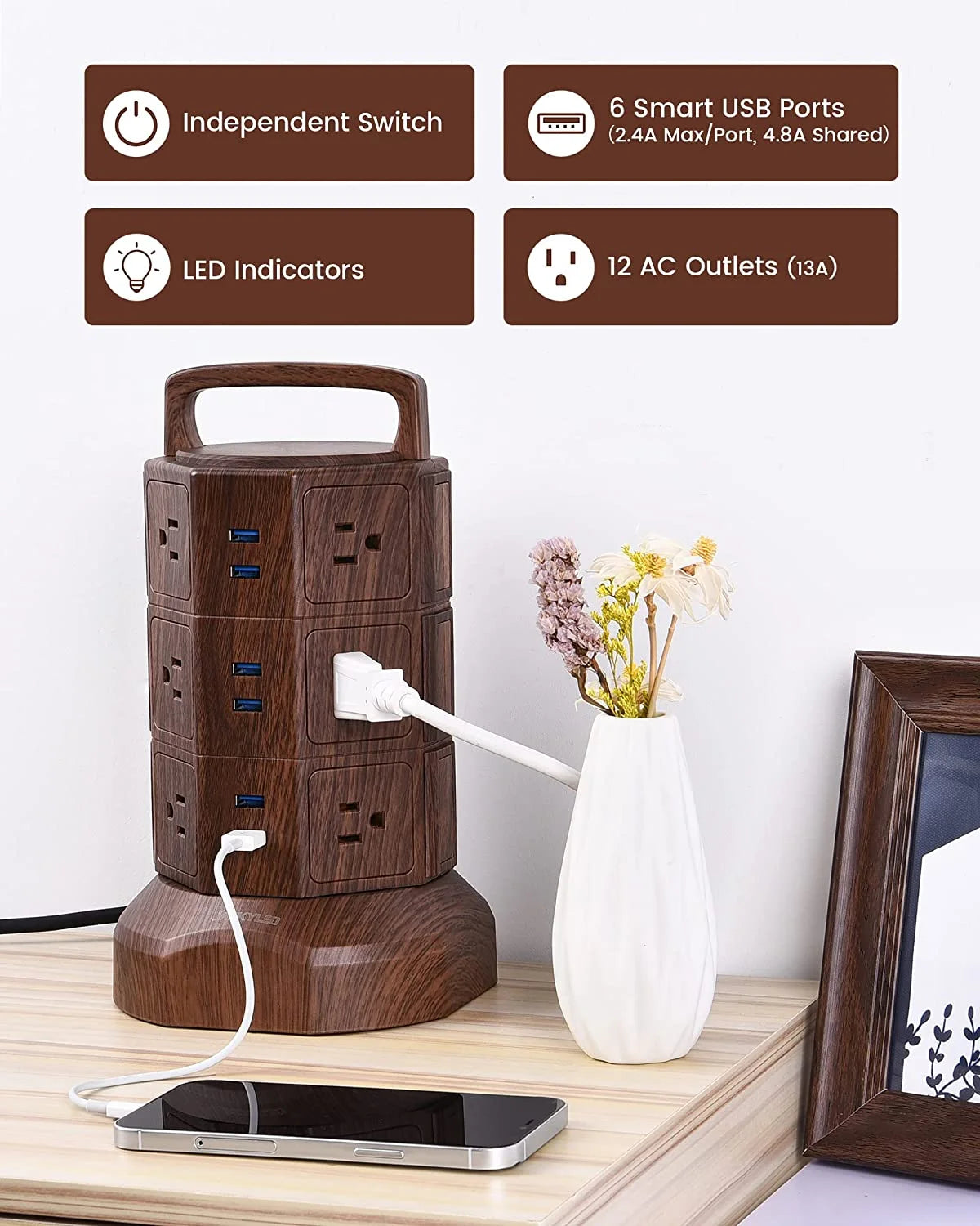 6 USB Ports 12 AC Outlets Power Strip Tower P207317