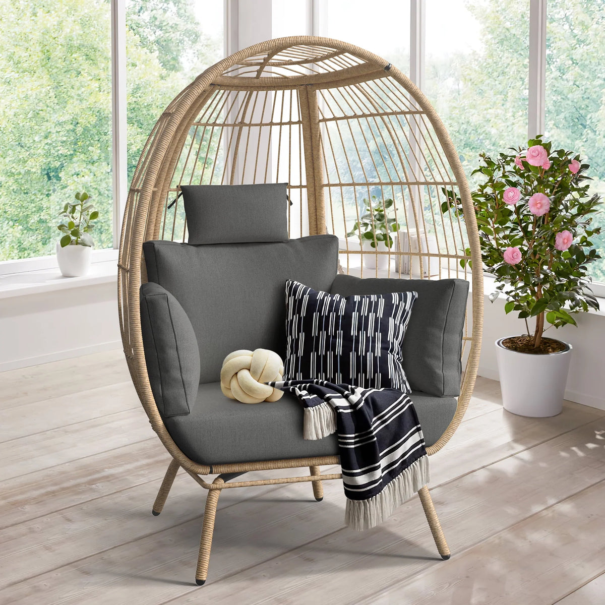 Large Wicker Egg Chair with Stand Cushion Grey A61095