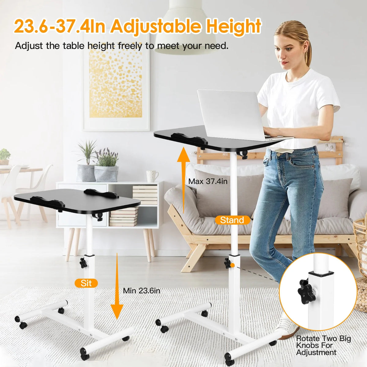 Adjustable Rolling Laptop Desk with Lockable Wheels, White N871424