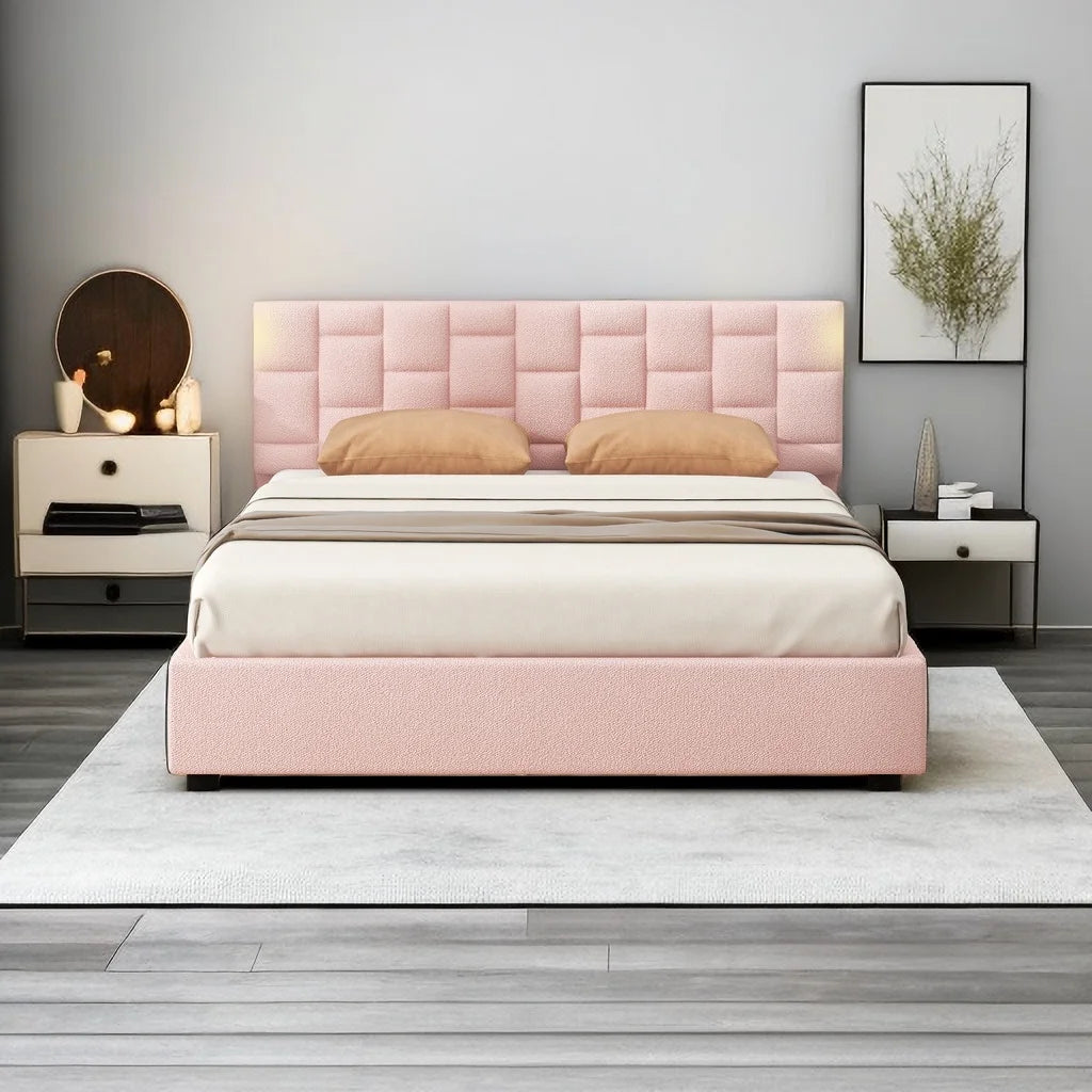 Queen Size Upholstered Platform Bed with Adjustable Headboard and Under-Bed Storage D14293