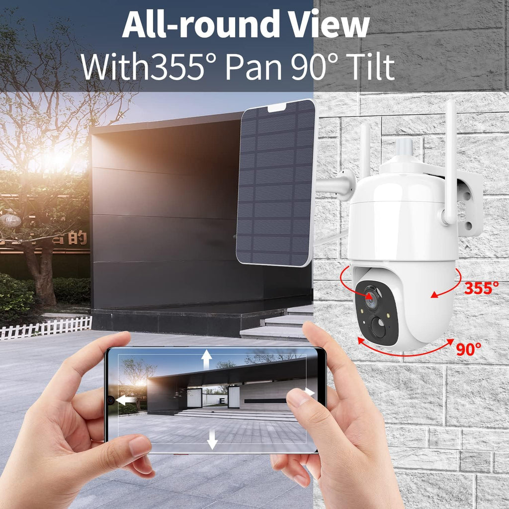 Wire-Free Solar Security Camera Outdoor with Night Vision Spotlight Pan Tilt PIR Motion Detection Two-Way Talk E9803
