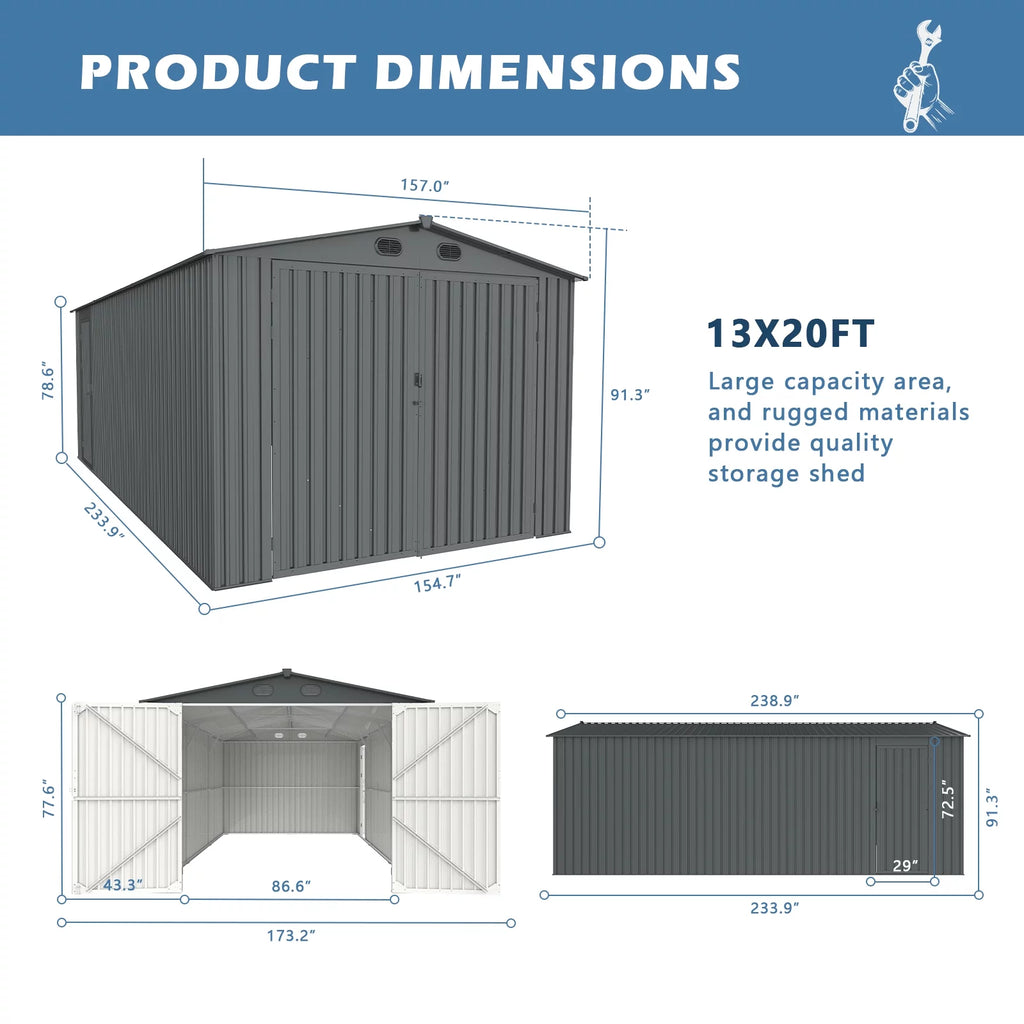 20x13 ft Metal Garage Shed with 2 Doors and 4 Vents Y270284
