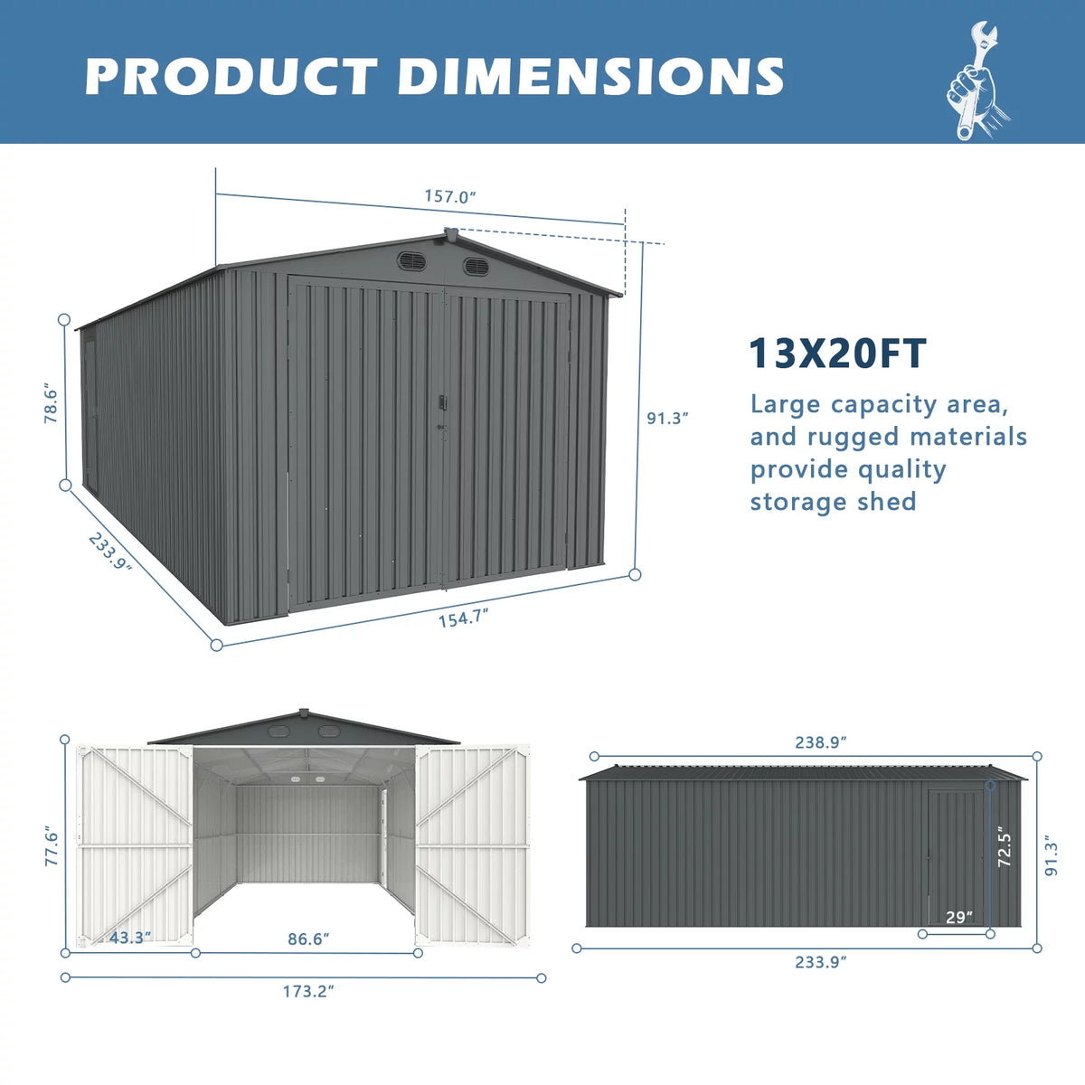 20x13 ft Metal Garage Shed with 2 Doors and 4 Vents Y270284