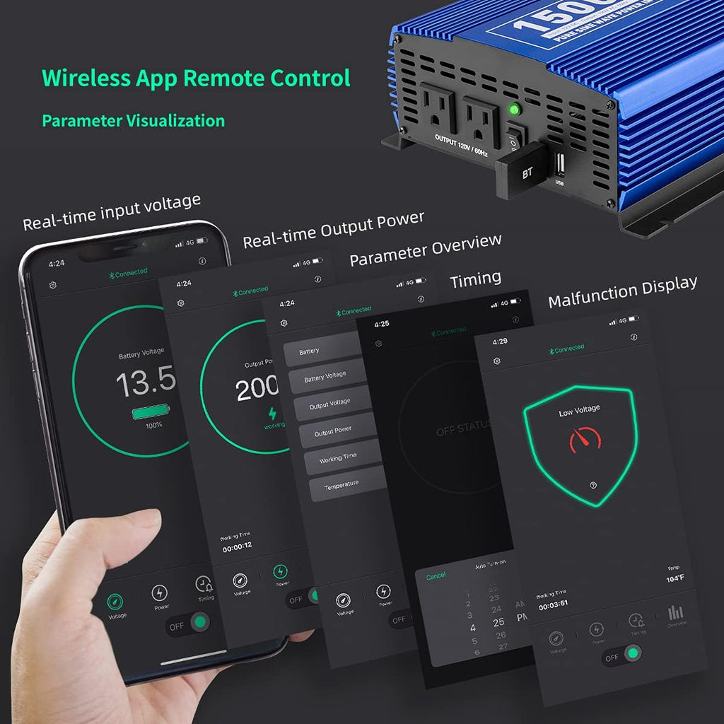1500W Pure Sine Wave Power Inverter 12V DC to 110V AC with Bluetooth G431