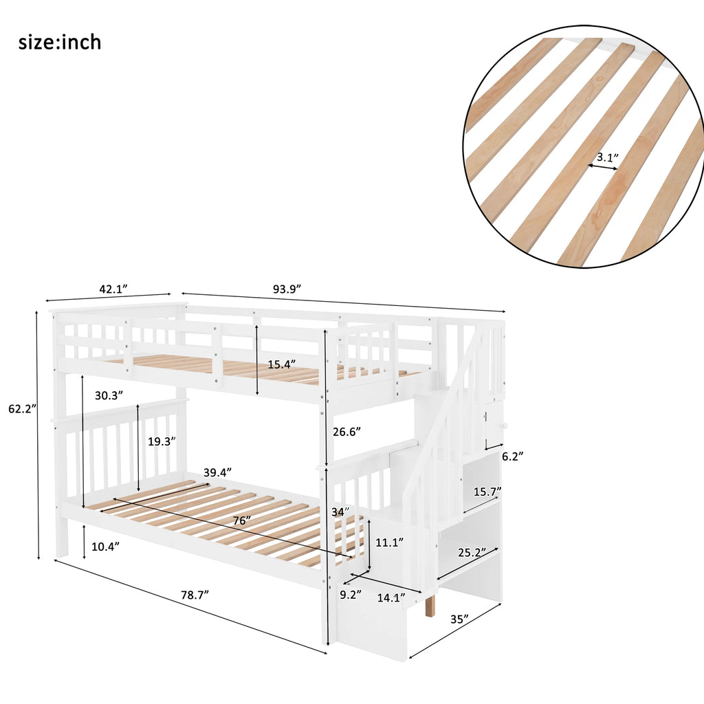 Twin Over Twin Bunk Bed with Storage Stairs and Guardrail, White U659