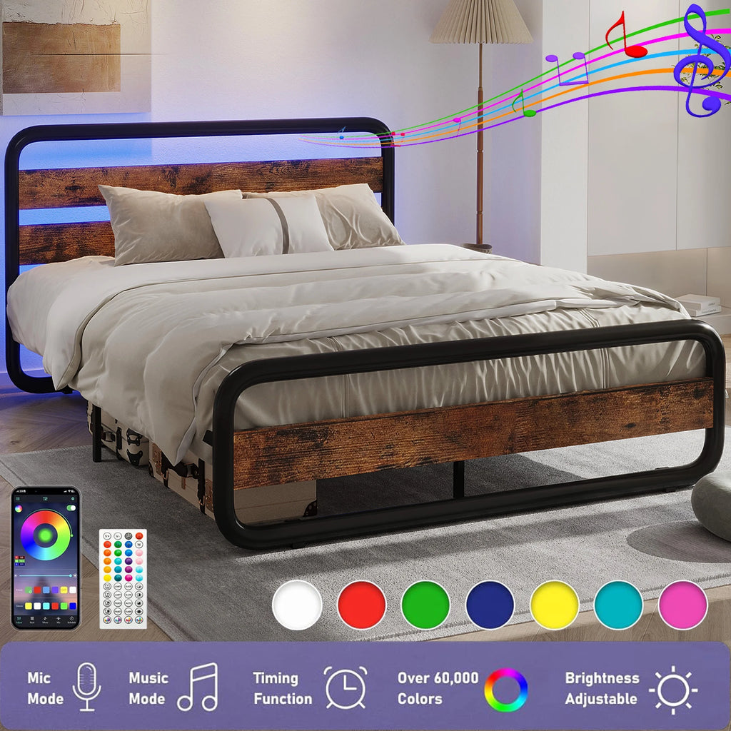 Queen Size Metal Platform Bed Frame with LED Headboard and Under-Bed Storage T18262