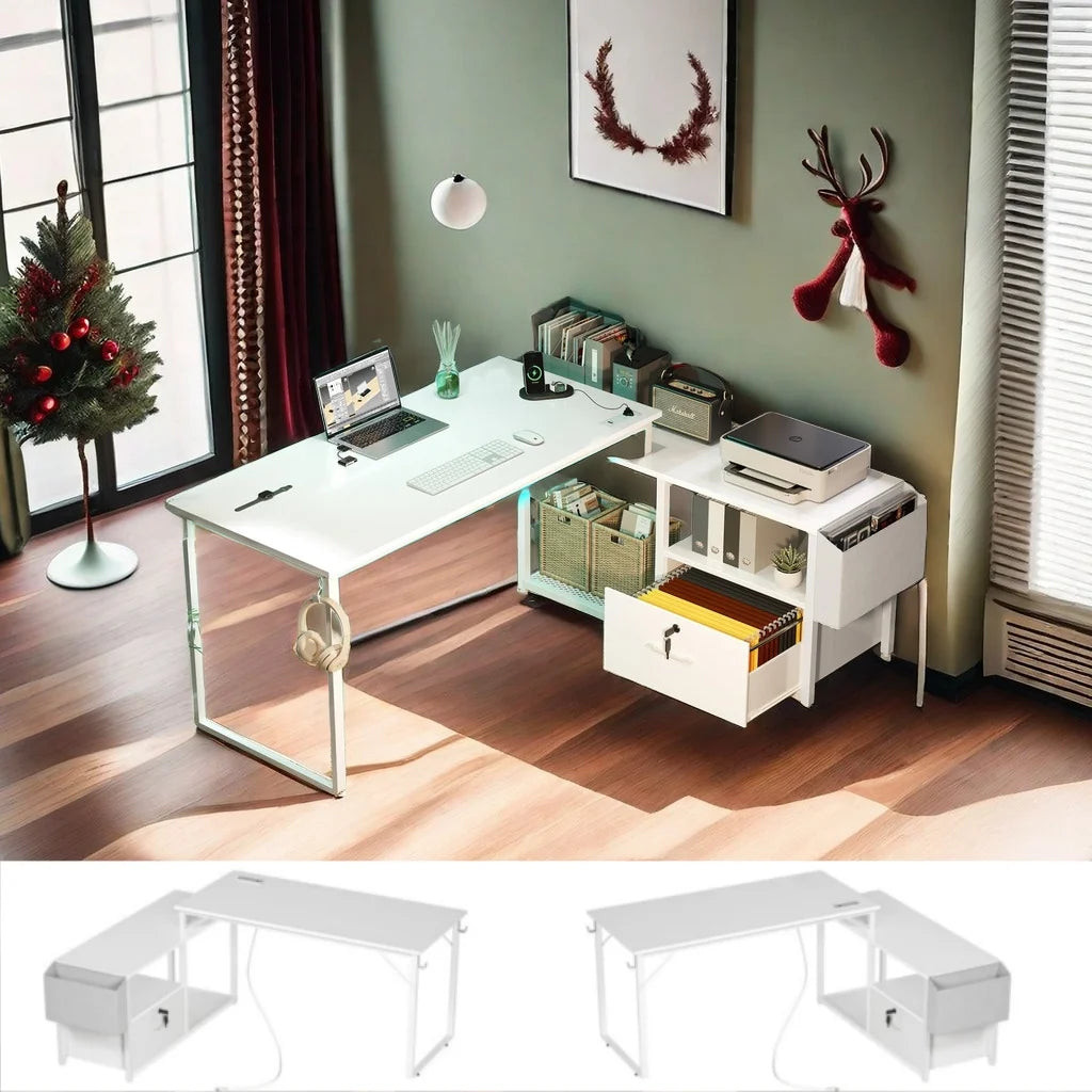 55" L Shaped Desk with Power Outlet, LED Gaming Desk with File Drawer, White H85059