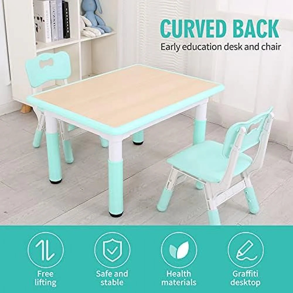 Kids Study Table and Chairs Set, Height Adjustable Plastic Children Art Desk with 2 Seats J306242