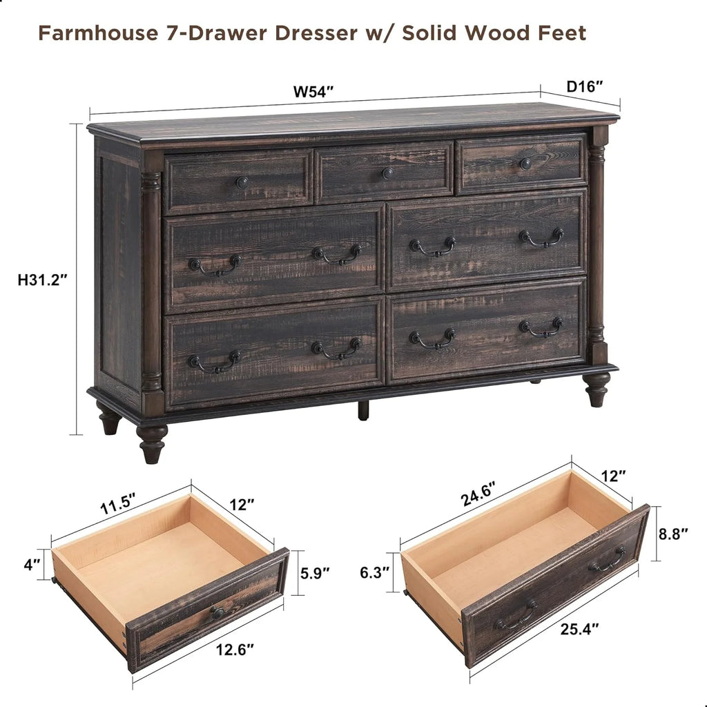 Dark Rustic Oak 7 Drawer Wood Dresser T77361