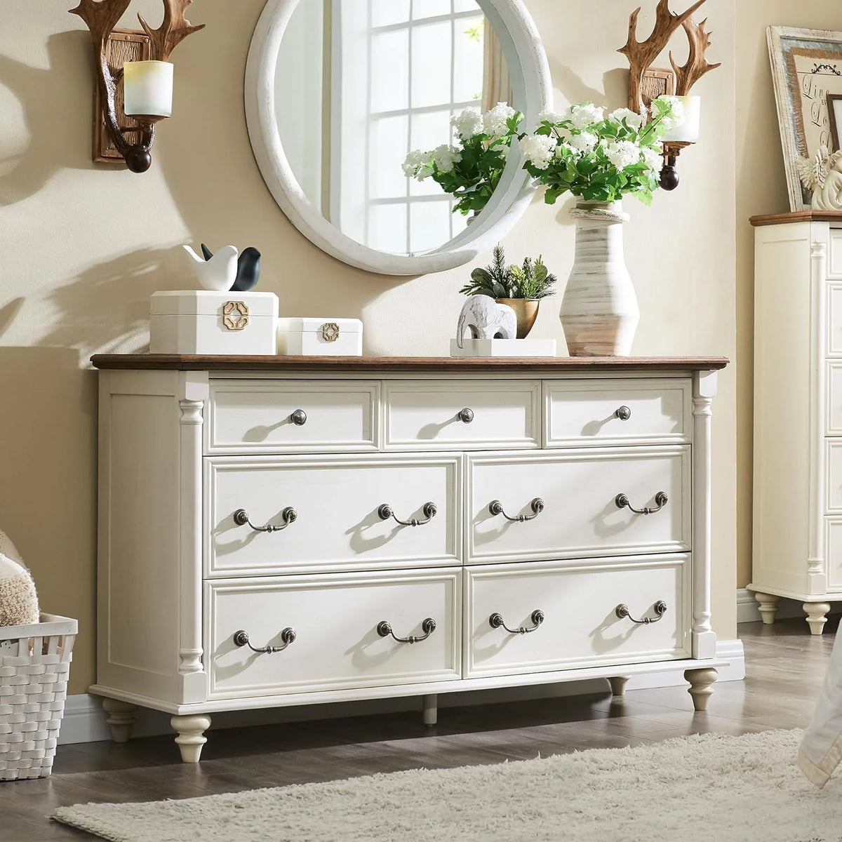 Dark Rustic Oak 7 Drawer Wood Dresser T77361