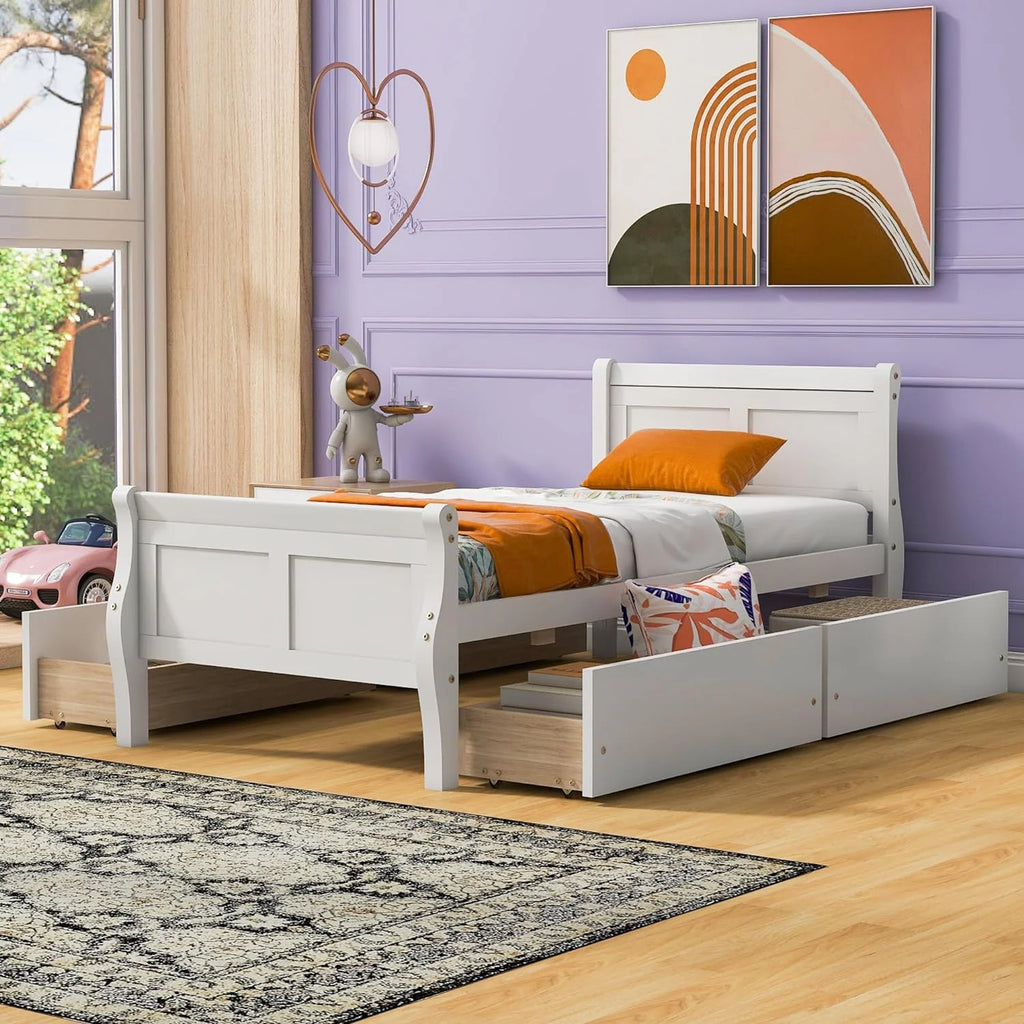White Wood Platform Bed with 4 Storage Drawers M113