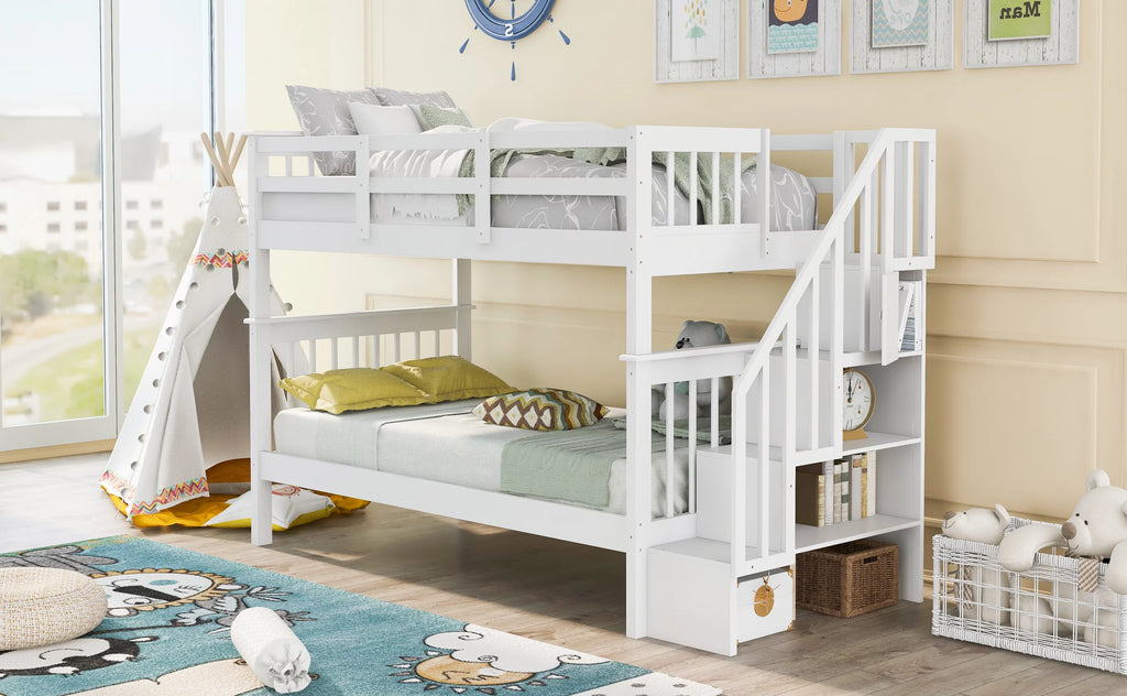 Twin Over Twin Bunk Bed with Storage Stairs and Guardrail, White U659