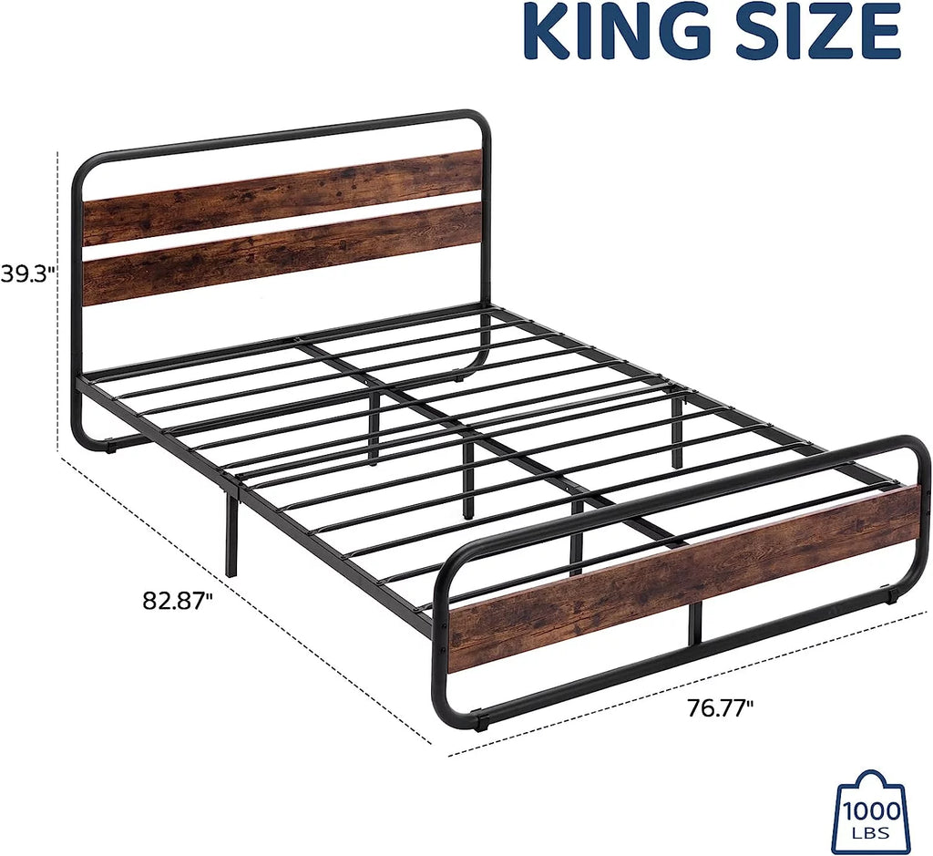 Queen Size Metal Platform Bed Frame with LED Headboard and Under-Bed Storage T18262