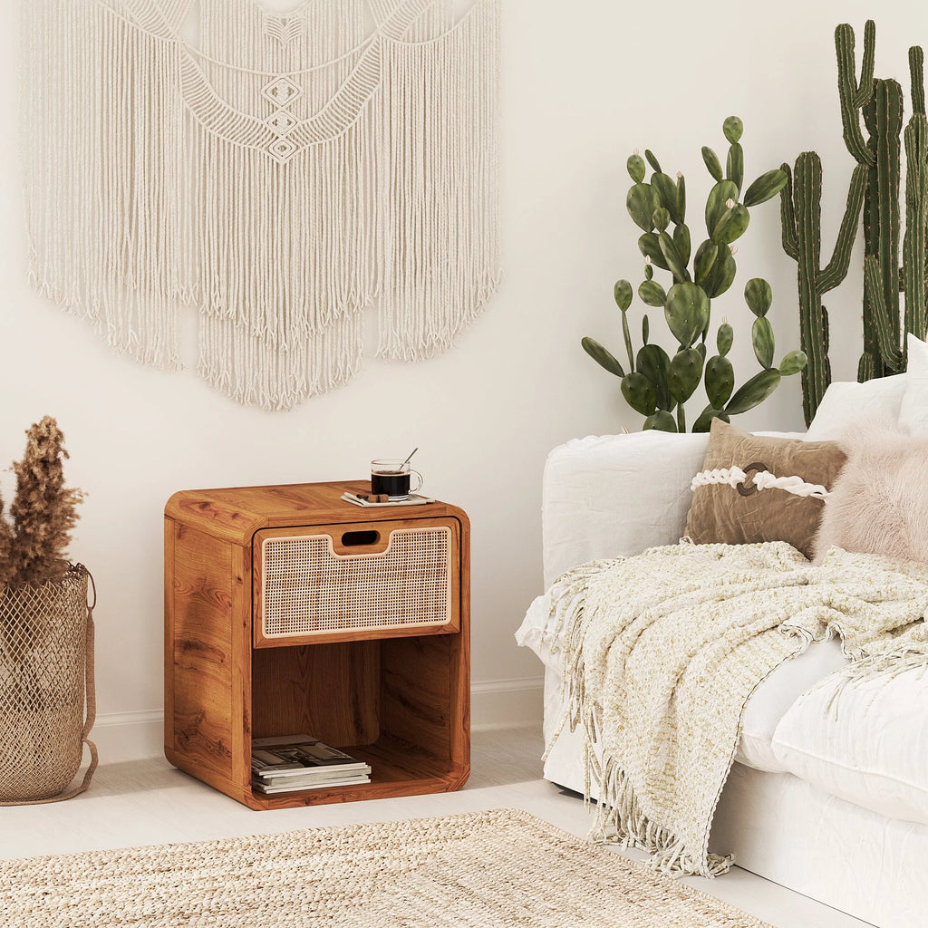 Solid Wood Vintage Teak Nightstand U9557