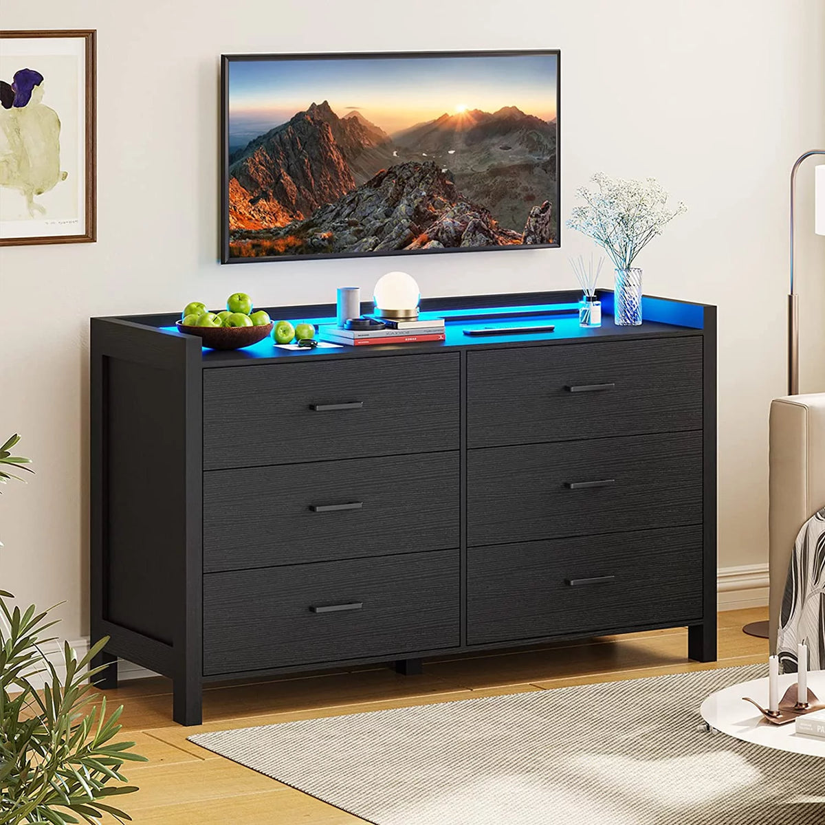 Black 6 Drawer Wood Dresser N7494