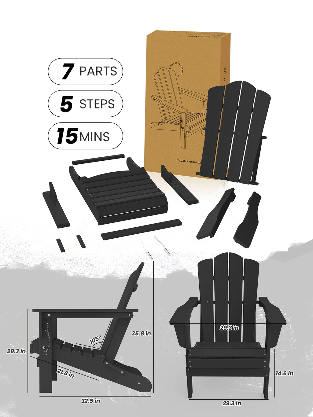 Black HDPE Folding Adirondack Chair T87294