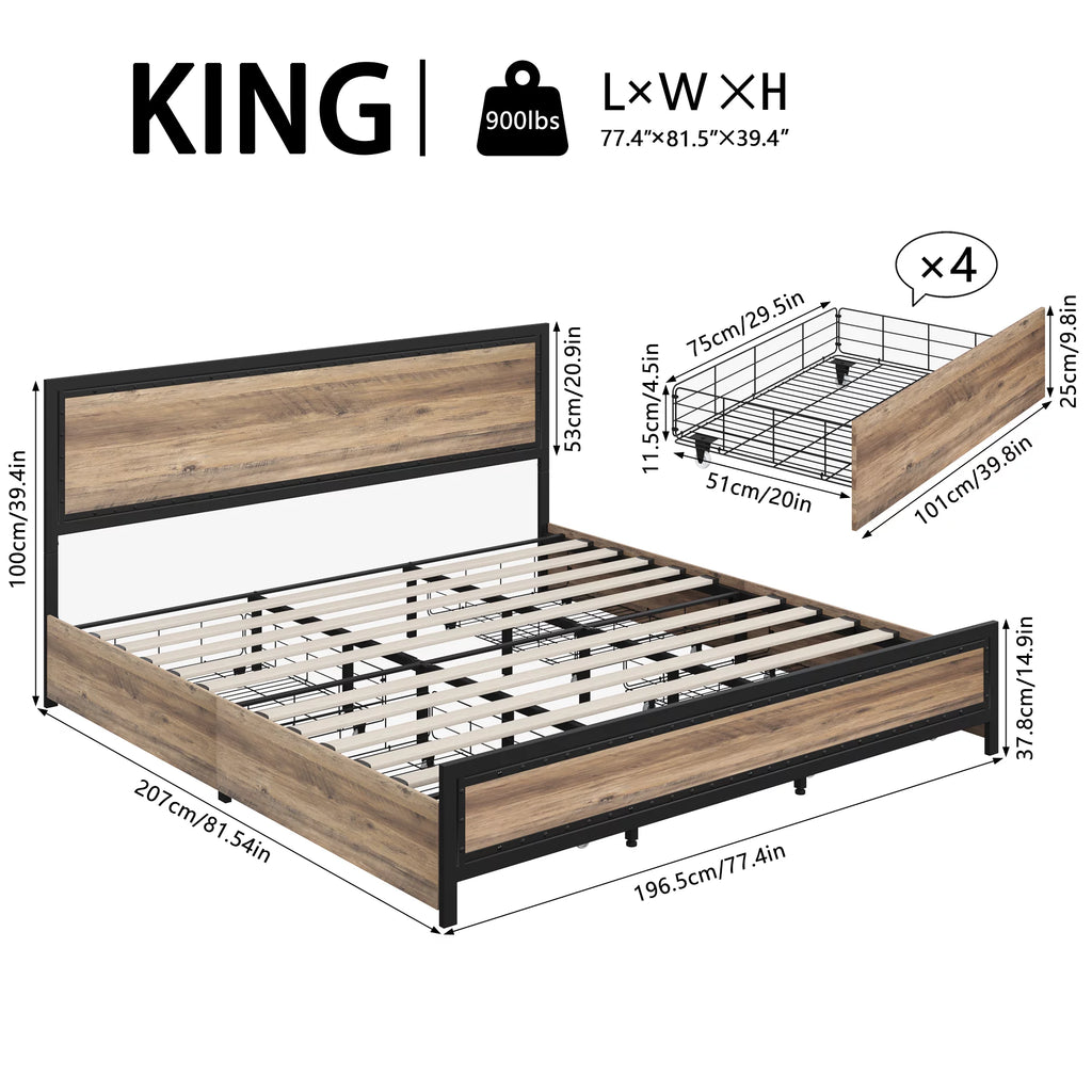King 4 Drawer Gray Metal Platform Bed with Headboard I64865