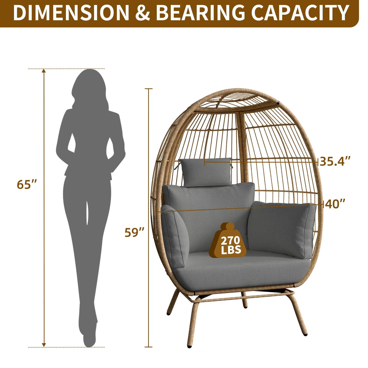Large Wicker Egg Chair with Stand Cushion Grey A61095