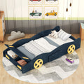 Dark Blue Twin Size Race Car-Shaped Platform Bed with Wheels and Storage O700