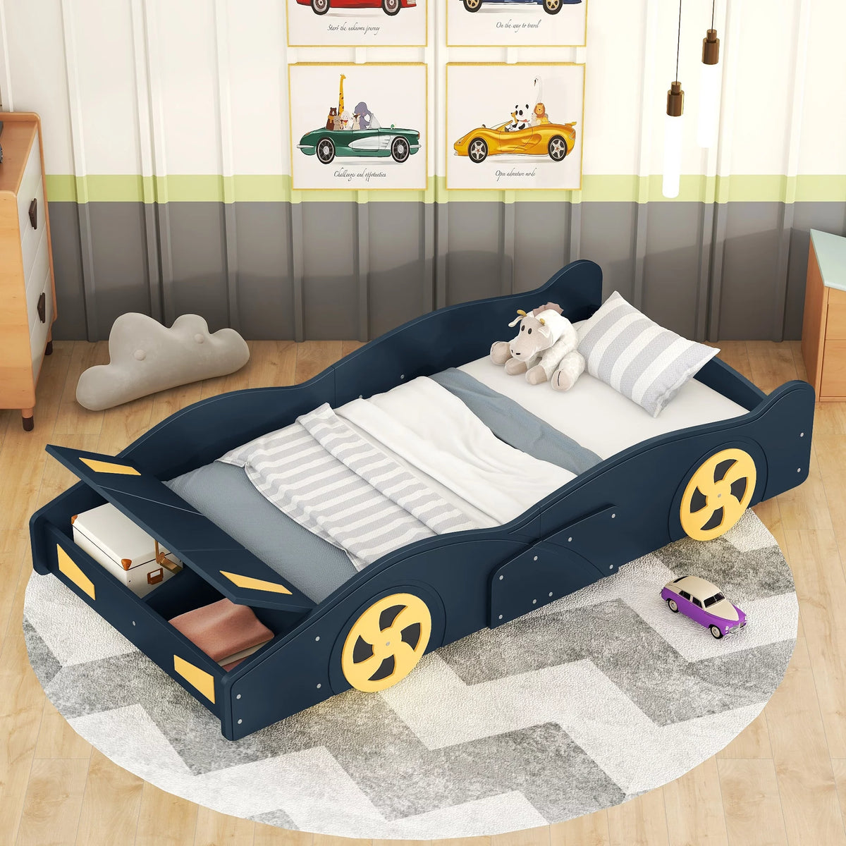 Dark Blue Twin Size Race Car-Shaped Platform Bed with Wheels and Storage O700