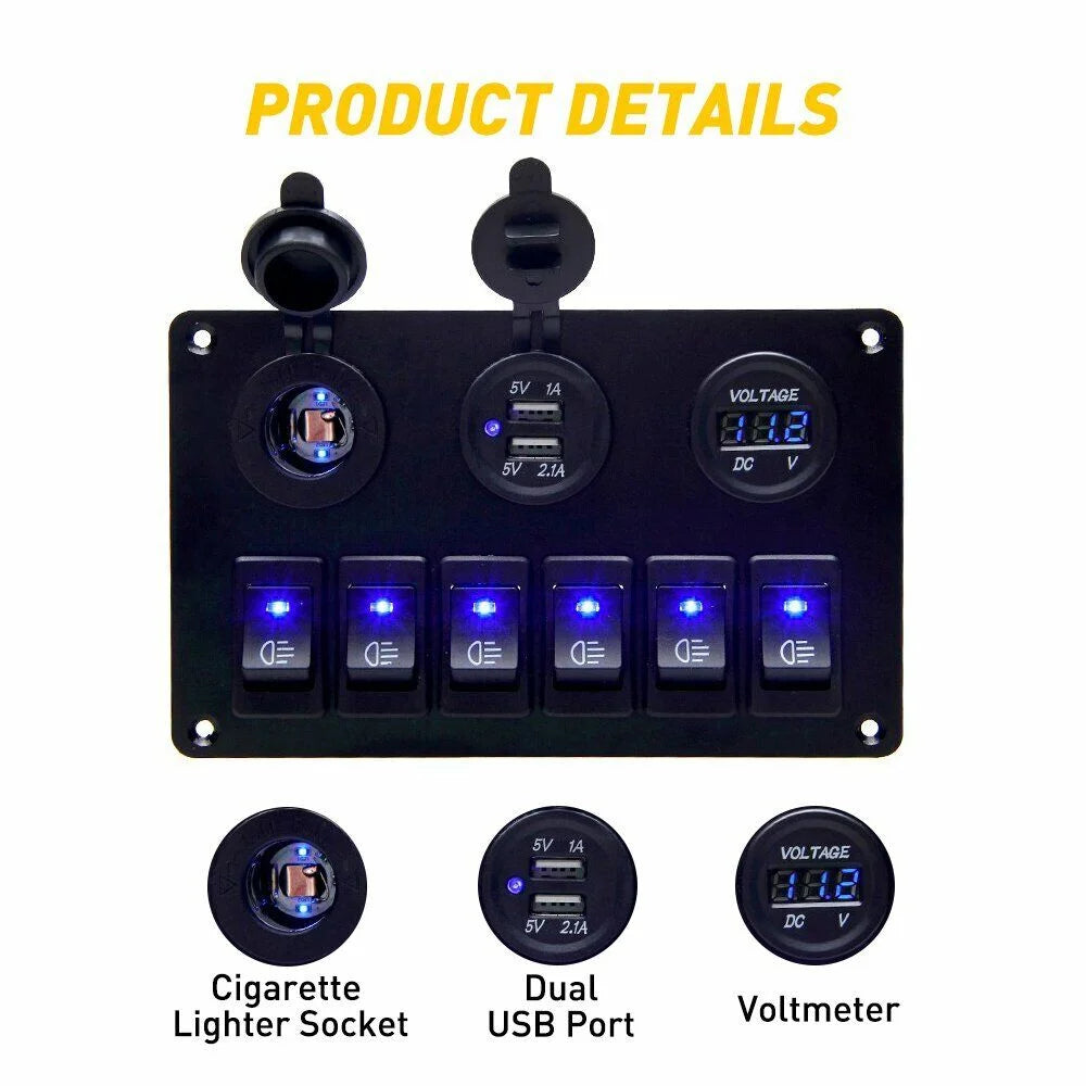 6 Gang Blue LED Rocker Switch Panel H770433