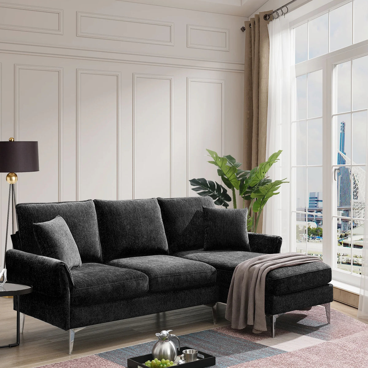 84" L-Shaped Black Sofa with Reversible Chaise H71121