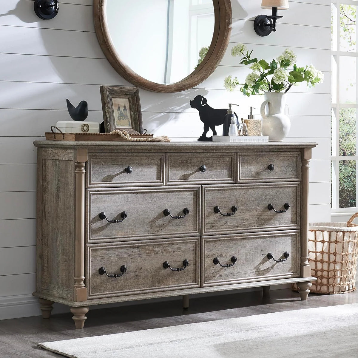 Dark Rustic Oak 7 Drawer Wood Dresser T77361