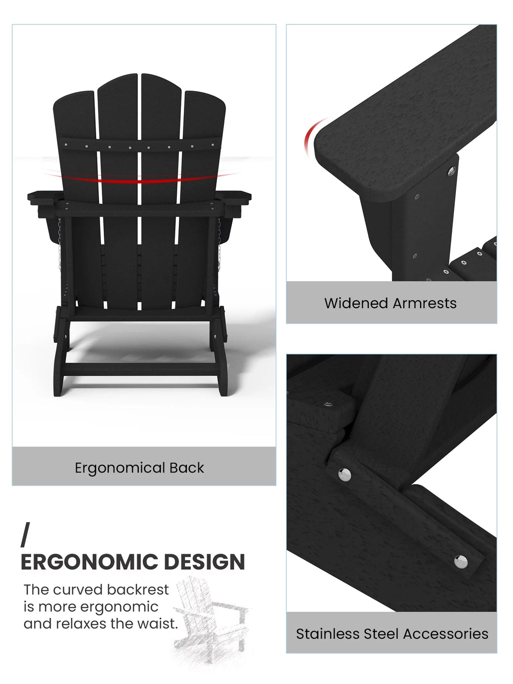 Black HDPE Folding Adirondack Chair T87294