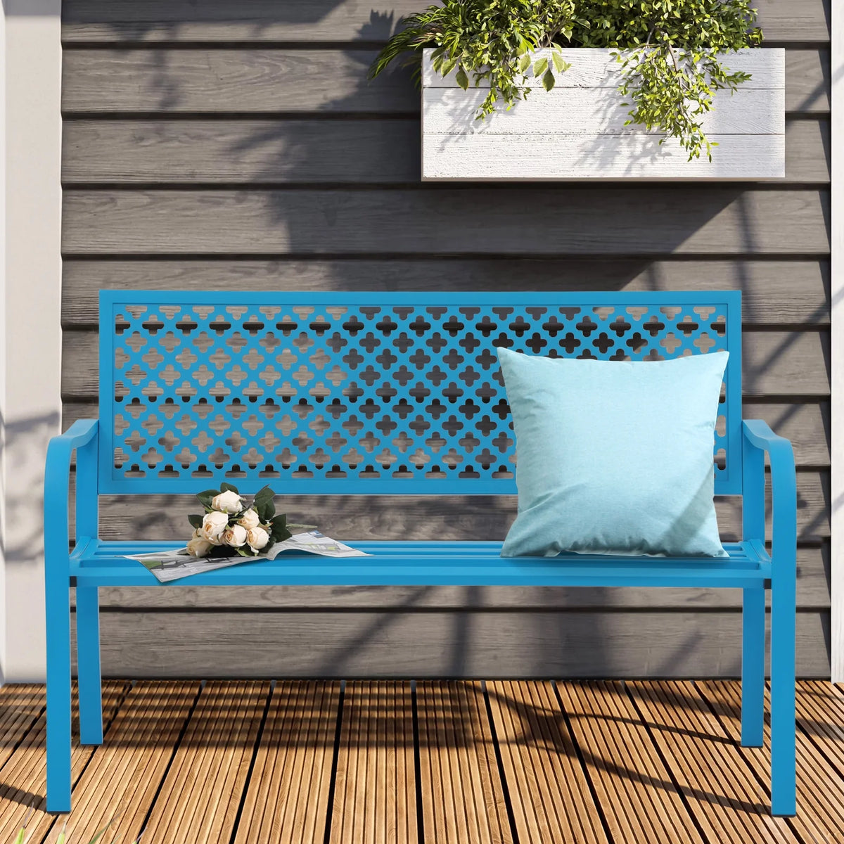 Blue 50in Metal Outdoor Garden Bench with Armrest I971095