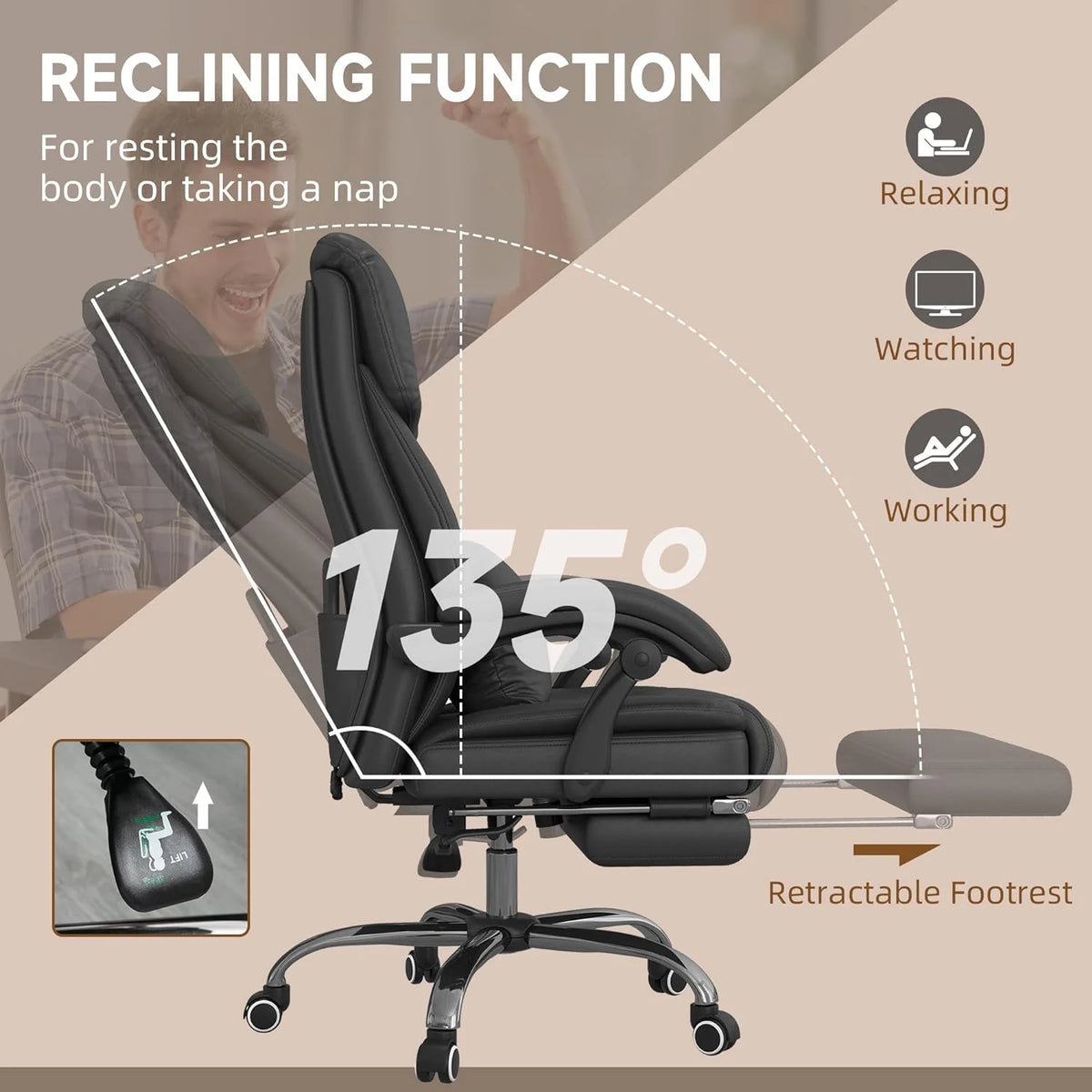 Black PU Leather Reclining Office Chair with Footrest M9483