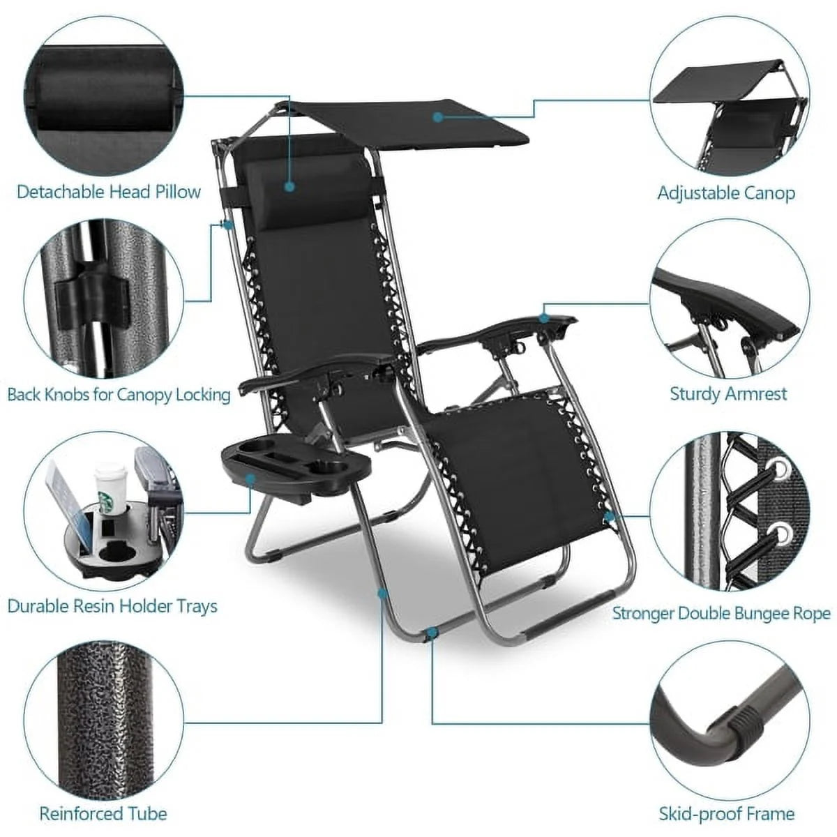 Black Zero Gravity Chair with Awning and Pillow R696904
