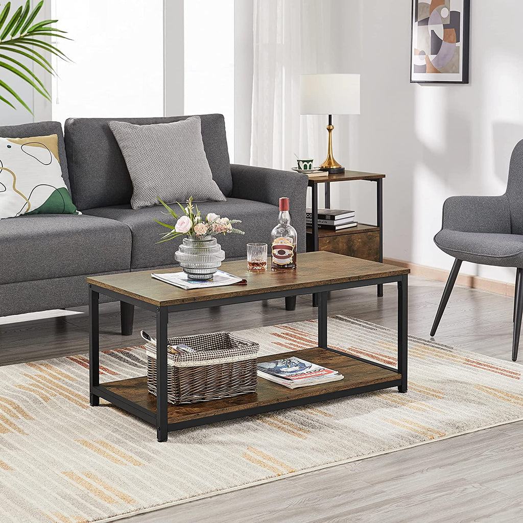 2-Tier Wood Coffee Table with Storage Shelf Metal Frame N558
